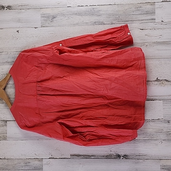 LOFT coral v neck button up tunic top tab sleeves 2 patch pockets Size Large - Picture 3 of 6